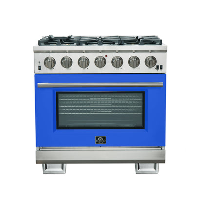 Forno Capriasca 36-Inch Gas Range, Stainless Steel, 6 Brass Burners, 120,000 BTU, Convection Oven, Energy Efficient, Blue Door