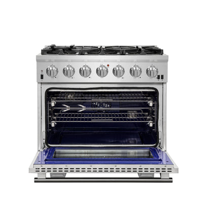 Cuisinière à gaz Forno Capriasca de 36 pouces, acier inoxydable, 6 brûleurs en laiton, 120 000 BTU, four à convection, économe en énergie