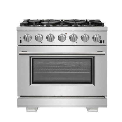Cuisinière à gaz Forno Capriasca de 36 pouces, acier inoxydable, 6 brûleurs en laiton, 120 000 BTU, four à convection, économe en énergie