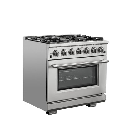 Cuisinière à gaz Forno Capriasca de 36 pouces, acier inoxydable, 6 brûleurs en laiton, 120 000 BTU, four à convection, économe en énergie