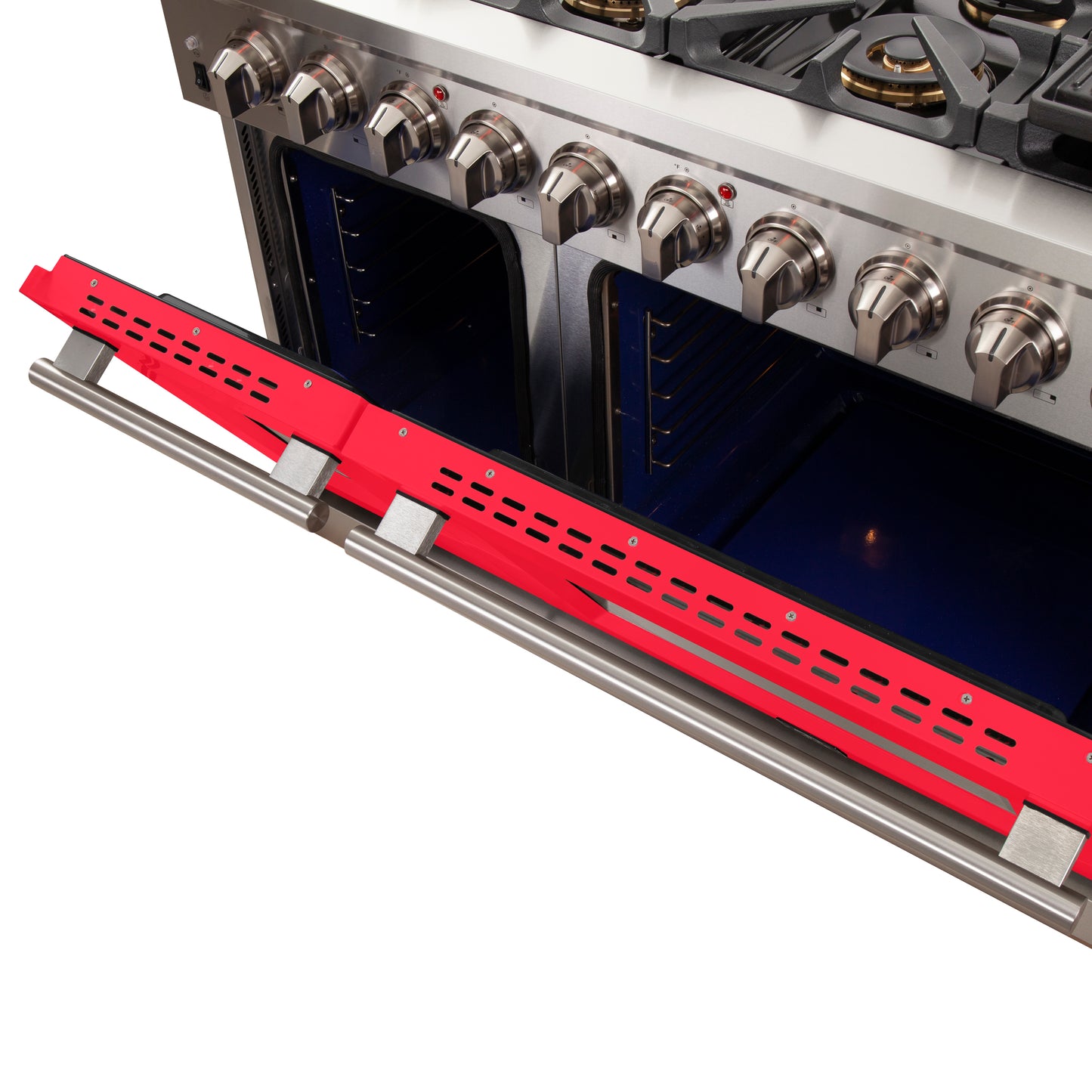 FORNO Capriasca 48-inch Gas Range Stainless Steel, 8 Brass Burners 160,000 BTU, 6.58 cu.ft. Double Oven, Red Doors