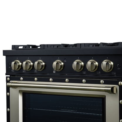 Valente 36" Gas Range in Black, 6 Sealed Burnes, 71 000 BTU Cooktop Output , 5.2 Cu.Ft. convection Oven, Telescopic Racks - Forno Appliances