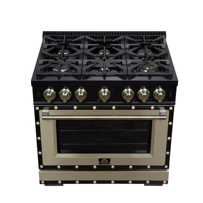 Valente 36" Gas Range in Black, 6 Sealed Burnes, 71 000 BTU Cooktop Output , 5.2 Cu.Ft. convection Oven, Telescopic Racks - Forno Appliances