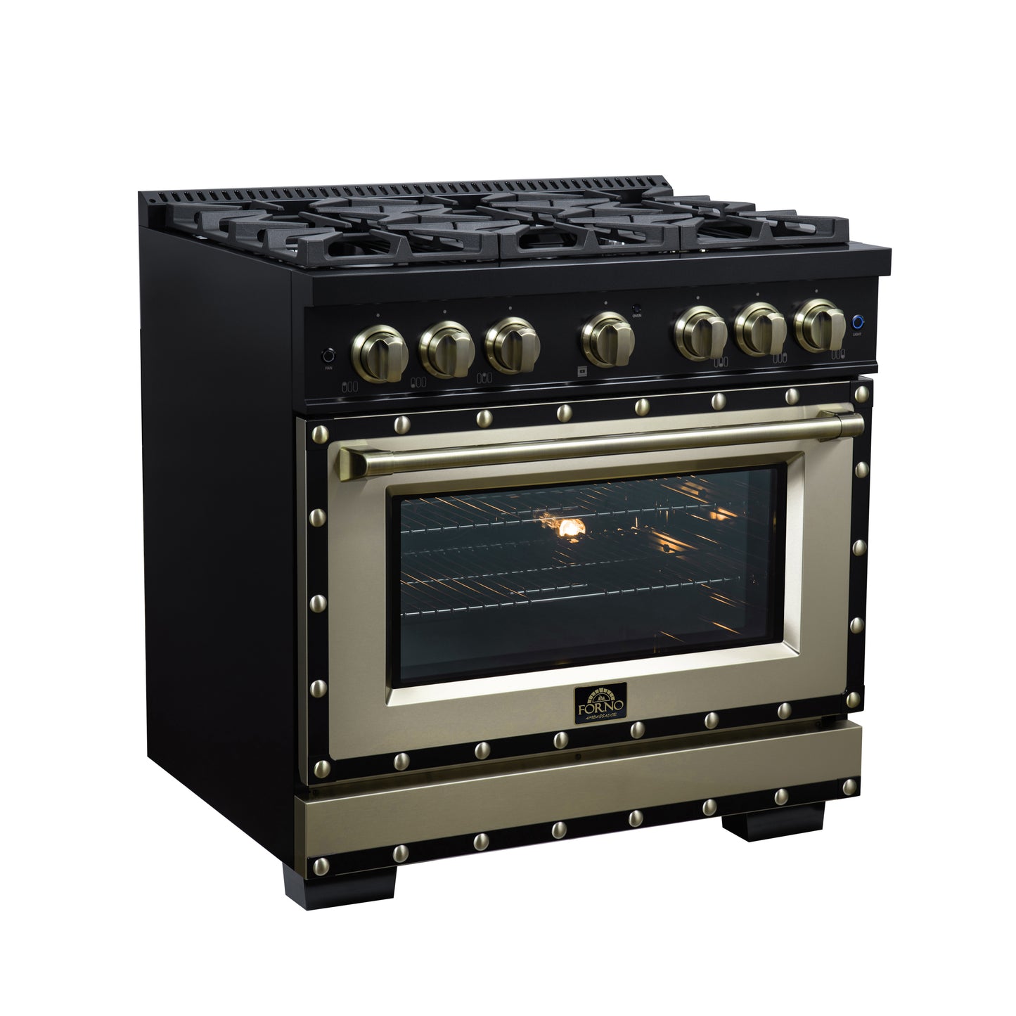 Valente 36" Gas Range in Black, 6 Sealed Burnes, 71 000 BTU Cooktop Output , 5.2 Cu.Ft. convection Oven, Telescopic Racks - Forno Appliances