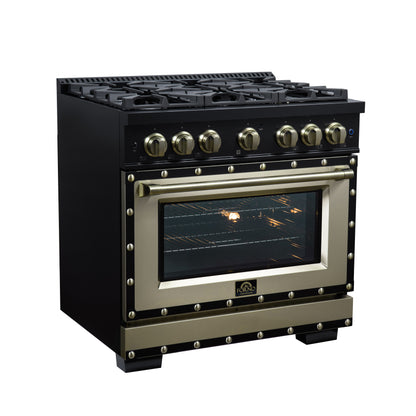 Valente 36" Gas Range in Black, 6 Sealed Burnes, 71 000 BTU Cooktop Output , 5.2 Cu.Ft. convection Oven, Telescopic Racks - Forno Appliances