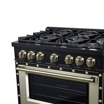 Valente 36" Gas Range in Black, 6 Sealed Burnes, 71 000 BTU Cooktop Output , 5.2 Cu.Ft. convection Oven, Telescopic Racks - Forno Appliances