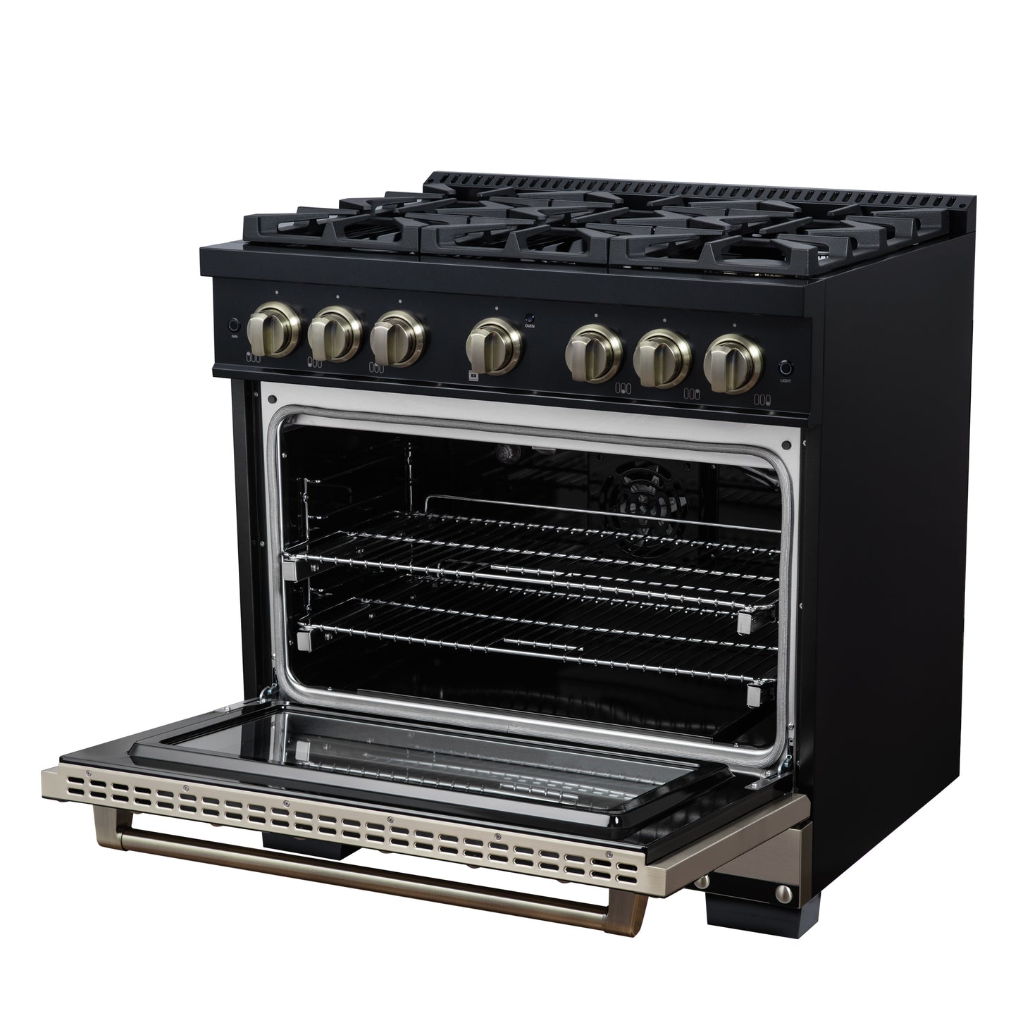 Valente 36" Gas Range in Black, 6 Sealed Burnes, 71 000 BTU Cooktop Output , 5.2 Cu.Ft. convection Oven, Telescopic Racks - Forno Appliances