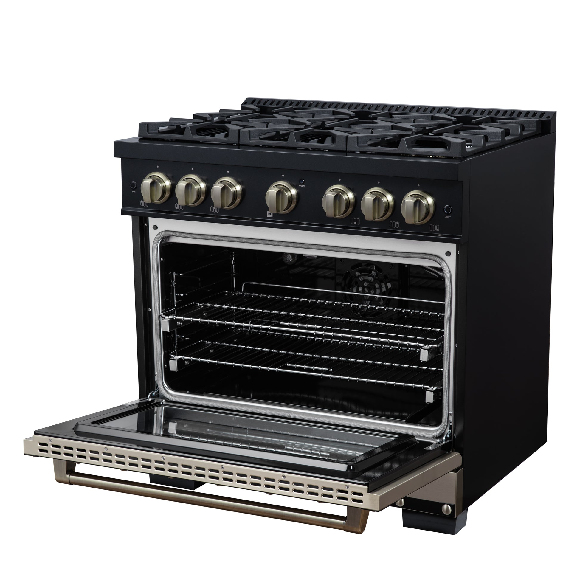 Valente 36" Gas Range in Black, 6 Sealed Burnes, 71 000 BTU Cooktop Output , 5.2 Cu.Ft. convection Oven, Telescopic Racks - Forno Appliances