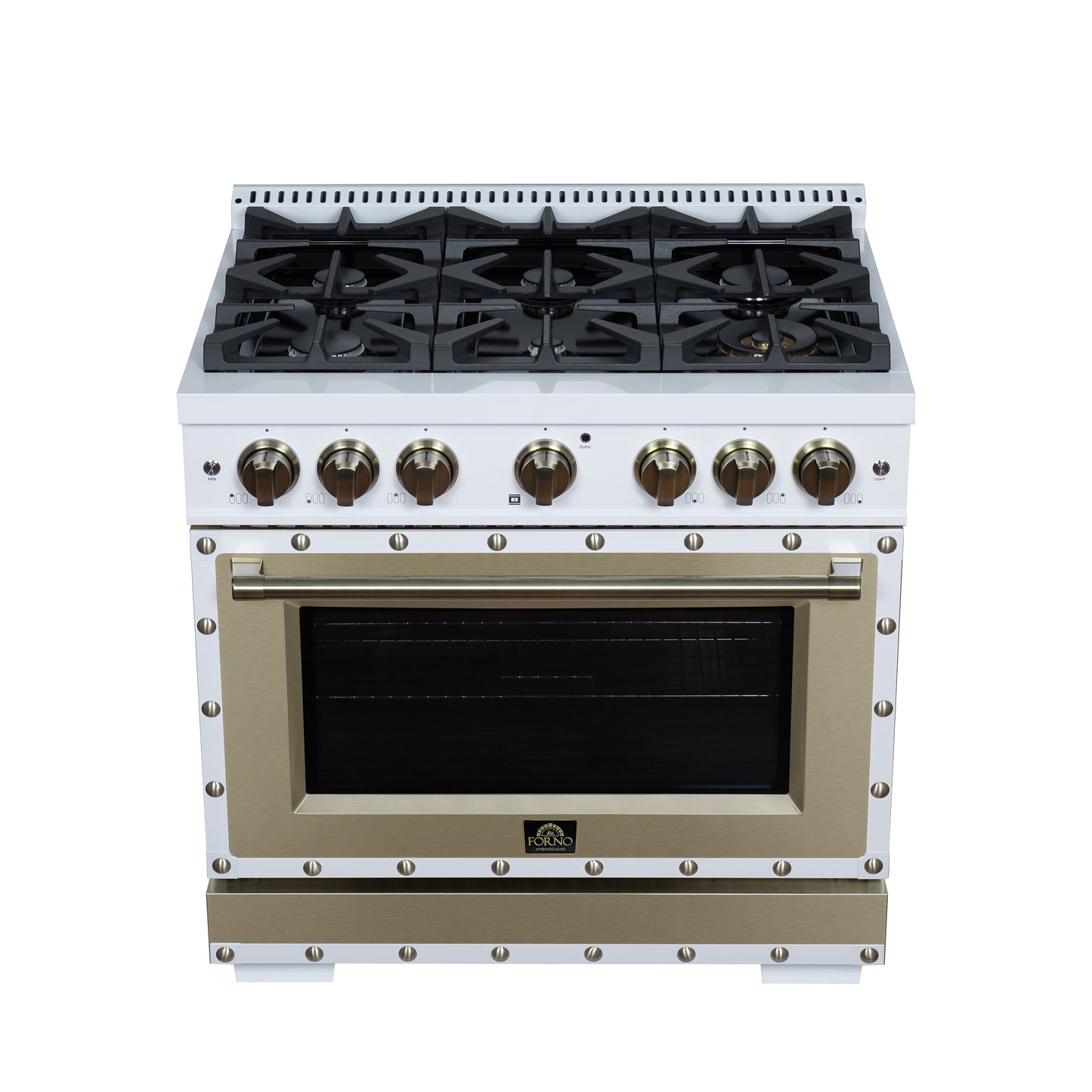 Valente 36" Gas Range in White, 6 Sealed Burnes, 71 000 BTU Cooktop Output , 5.2 Cu.Ft. convection Oven, Telescopic Racks - Forno Appliances