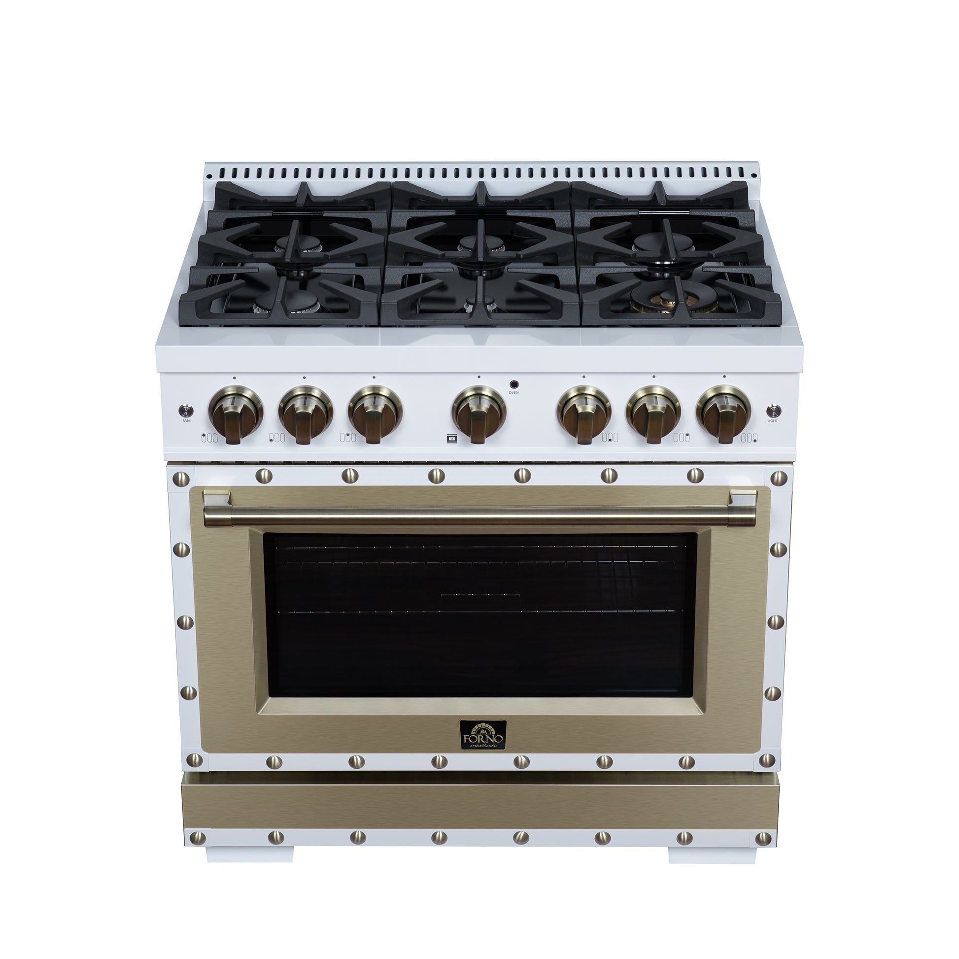 Valente 36" Gas Range in White, 6 Sealed Burnes, 71 000 BTU Cooktop Output , 5.2 Cu.Ft. convection Oven, Telescopic Racks - Forno Appliances