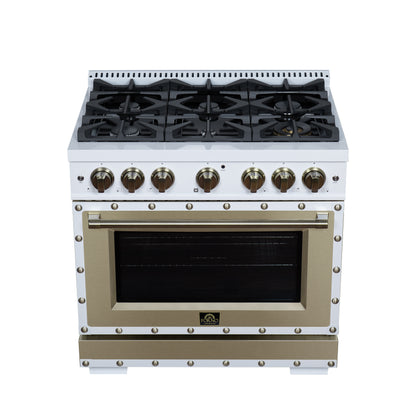 Valente 36" Gas Range in White, 6 Sealed Burnes, 71 000 BTU Cooktop Output , 5.2 Cu.Ft. convection Oven, Telescopic Racks - Forno Appliances