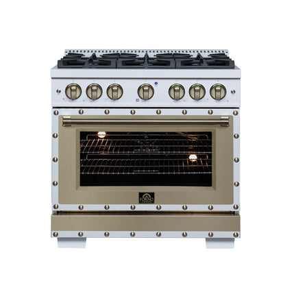 Valente 36" Gas Range in White, 6 Sealed Burnes, 71 000 BTU Cooktop Output , 5.2 Cu.Ft. convection Oven, Telescopic Racks - Forno Appliances