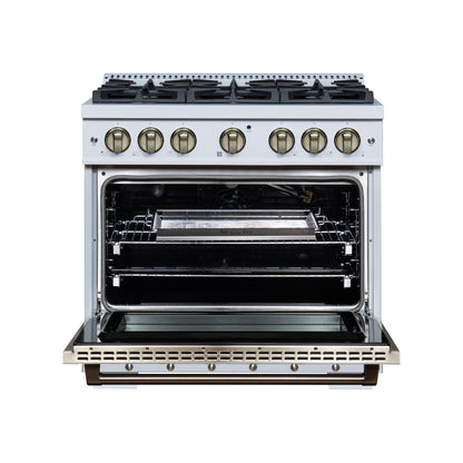 Valente 36" Gas Range in White, 6 Sealed Burnes, 71 000 BTU Cooktop Output , 5.2 Cu.Ft. convection Oven, Telescopic Racks - Forno Appliances