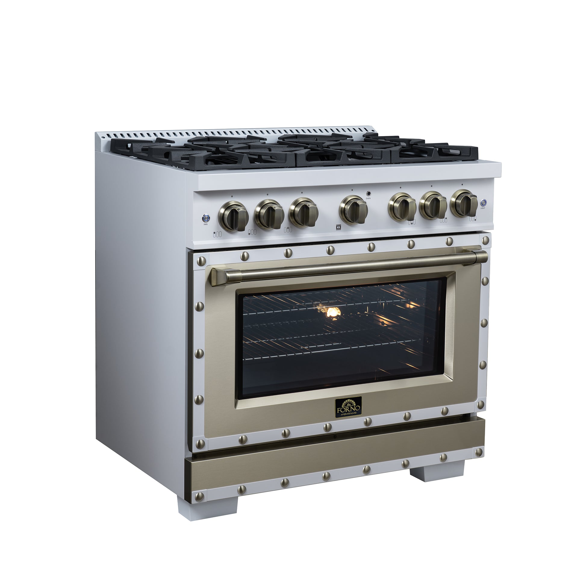 Valente 36" Gas Range in White, 6 Sealed Burnes, 71 000 BTU Cooktop Output , 5.2 Cu.Ft. convection Oven, Telescopic Racks - Forno Appliances