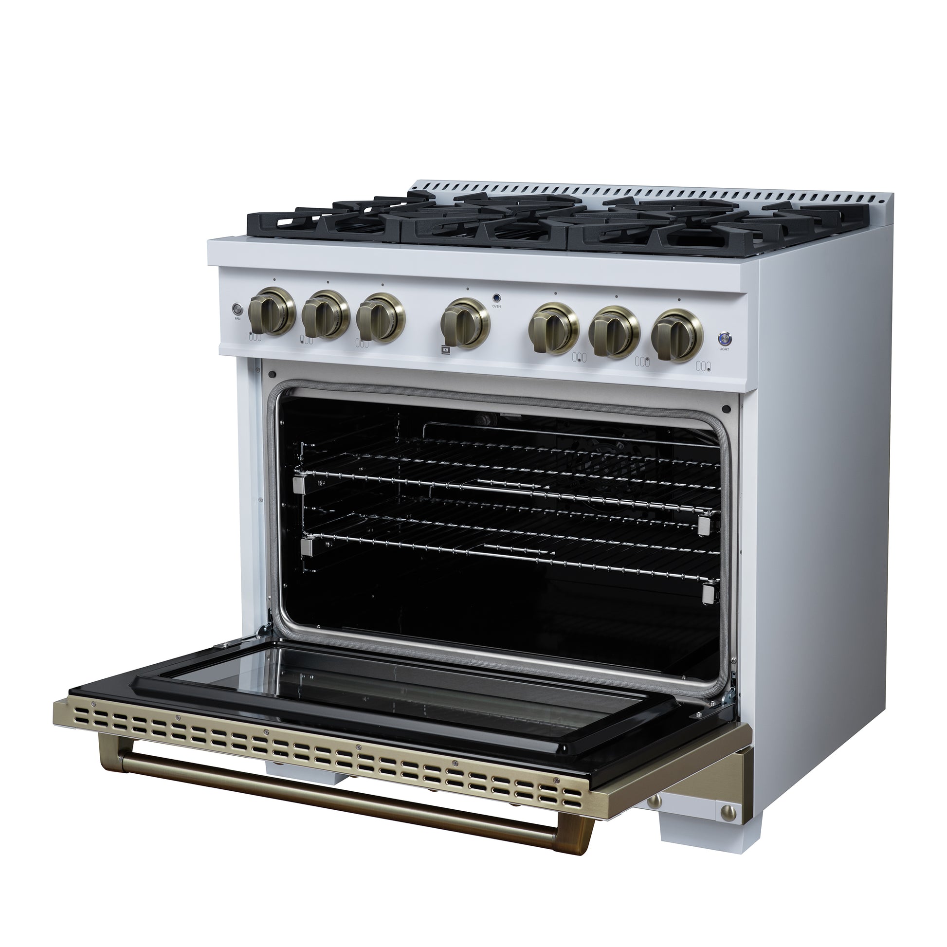Valente 36" Gas Range in White, 6 Sealed Burnes, 71 000 BTU Cooktop Output , 5.2 Cu.Ft. convection Oven, Telescopic Racks - Forno Appliances