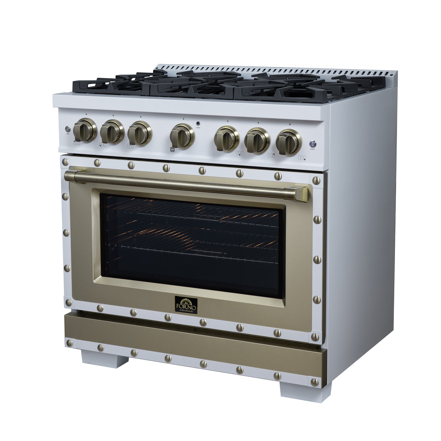 Valente 36" Gas Range in White, 6 Sealed Burnes, 71 000 BTU Cooktop Output , 5.2 Cu.Ft. convection Oven, Telescopic Racks - Forno Appliances