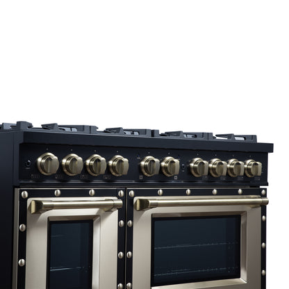 Valente 48" Gas Range in Black, 8 Sealed Burnes, 94 000 BTU Cooktop Output, 6.7 Cu.Ft. Double Oven, Telescopic Racks - Forno Appliances
