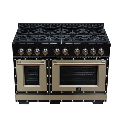Valente 48" Gas Range in Black, 8 Sealed Burnes, 94 000 BTU Cooktop Output, 6.7 Cu.Ft. Double Oven, Telescopic Racks - Forno Appliances