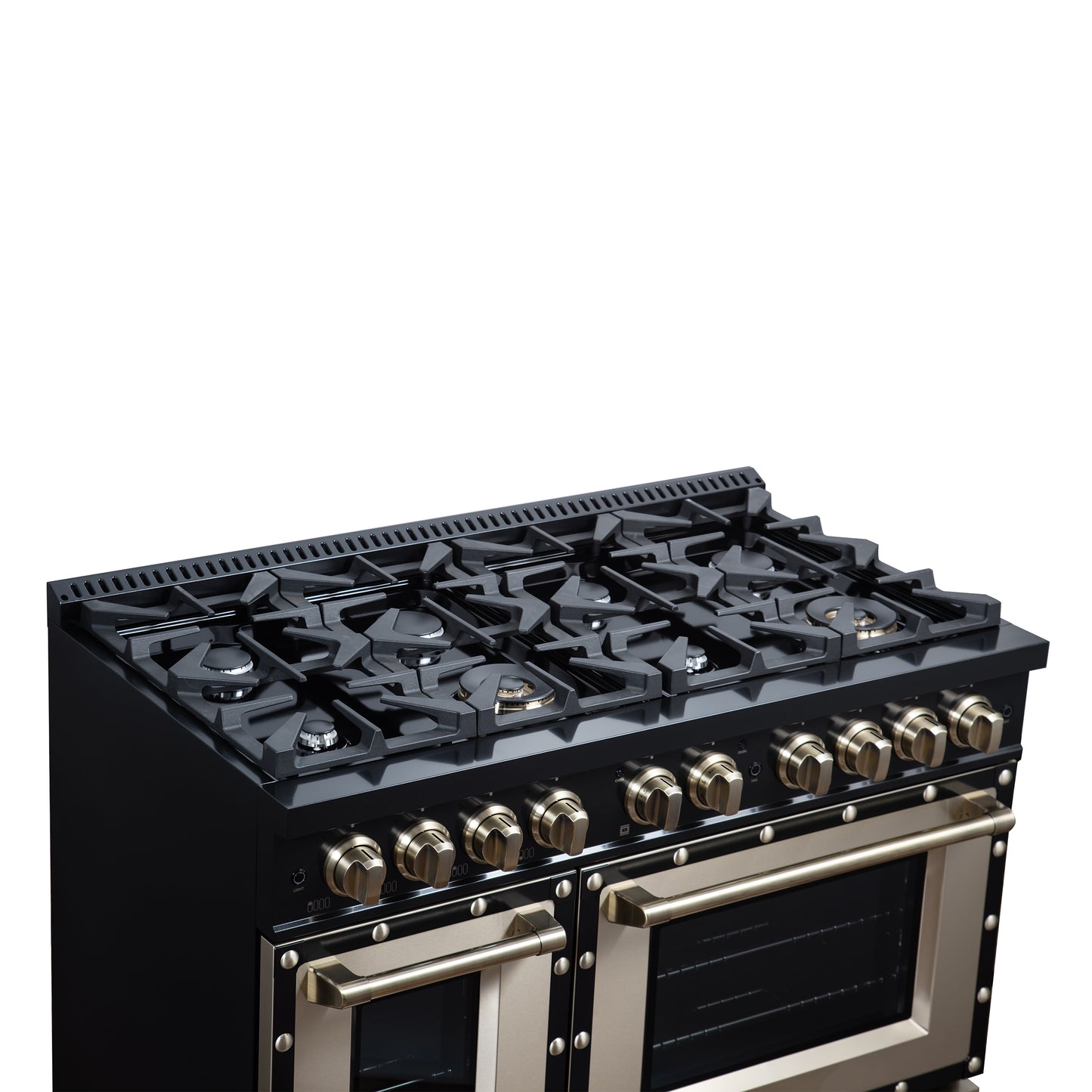 Valente 48" Gas Range in Black, 8 Sealed Burnes, 94 000 BTU Cooktop Output, 6.7 Cu.Ft. Double Oven, Telescopic Racks - Forno Appliances