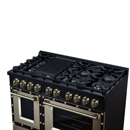 Valente 48" Gas Range in Black, 8 Sealed Burnes, 94 000 BTU Cooktop Output, 6.7 Cu.Ft. Double Oven, Telescopic Racks - Forno Appliances