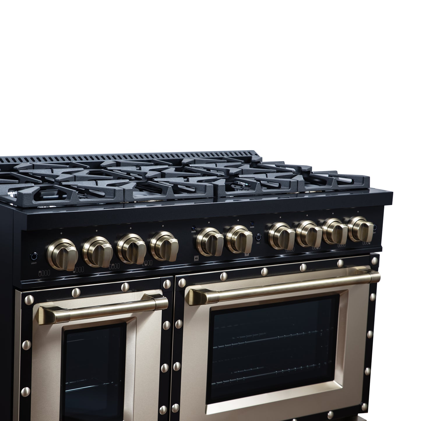Valente 48" Gas Range in Black, 8 Sealed Burnes, 94 000 BTU Cooktop Output, 6.7 Cu.Ft. Double Oven, Telescopic Racks - Forno Appliances