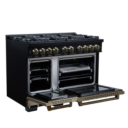 Valente 48" Gas Range in Black, 8 Sealed Burnes, 94 000 BTU Cooktop Output, 6.7 Cu.Ft. Double Oven, Telescopic Racks - Forno Appliances