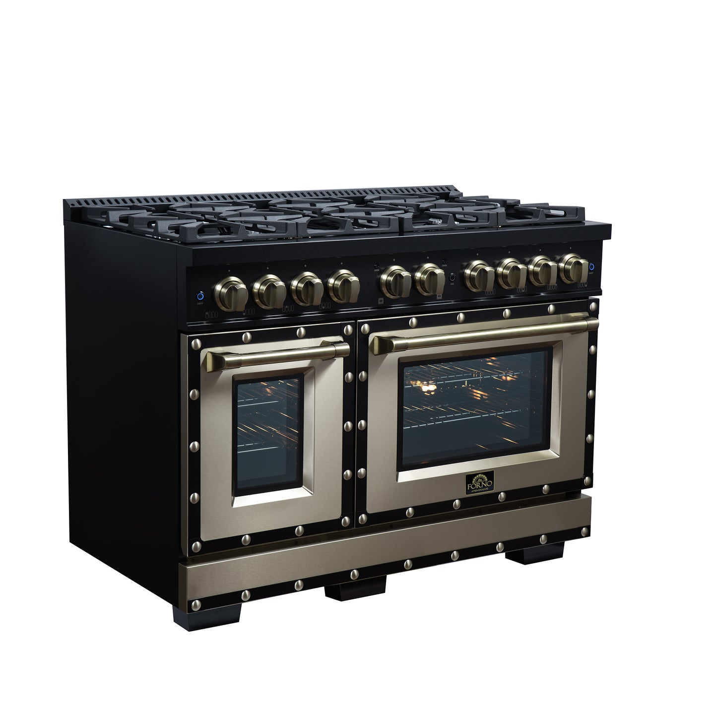 Valente 48" Gas Range in Black, 8 Sealed Burnes, 94 000 BTU Cooktop Output, 6.7 Cu.Ft. Double Oven, Telescopic Racks - Forno Appliances
