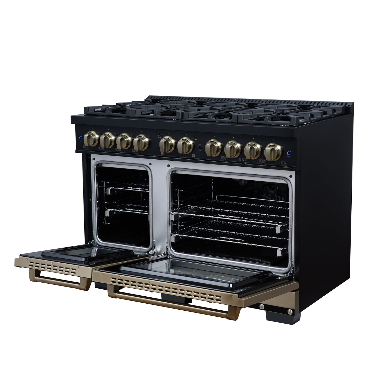 Valente 48" Gas Range in Black, 8 Sealed Burnes, 94 000 BTU Cooktop Output, 6.7 Cu.Ft. Double Oven, Telescopic Racks - Forno Appliances