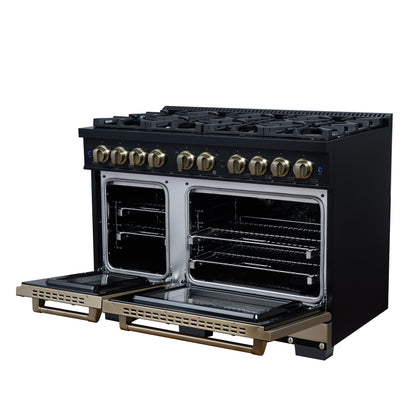 Valente 48" Gas Range in Black, 8 Sealed Burnes, 94 000 BTU Cooktop Output, 6.7 Cu.Ft. Double Oven, Telescopic Racks - Forno Appliances