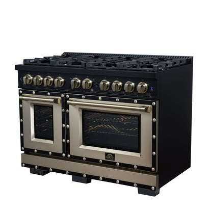 Valente 48" Gas Range in Black, 8 Sealed Burnes, 94 000 BTU Cooktop Output, 6.7 Cu.Ft. Double Oven, Telescopic Racks - Forno Appliances