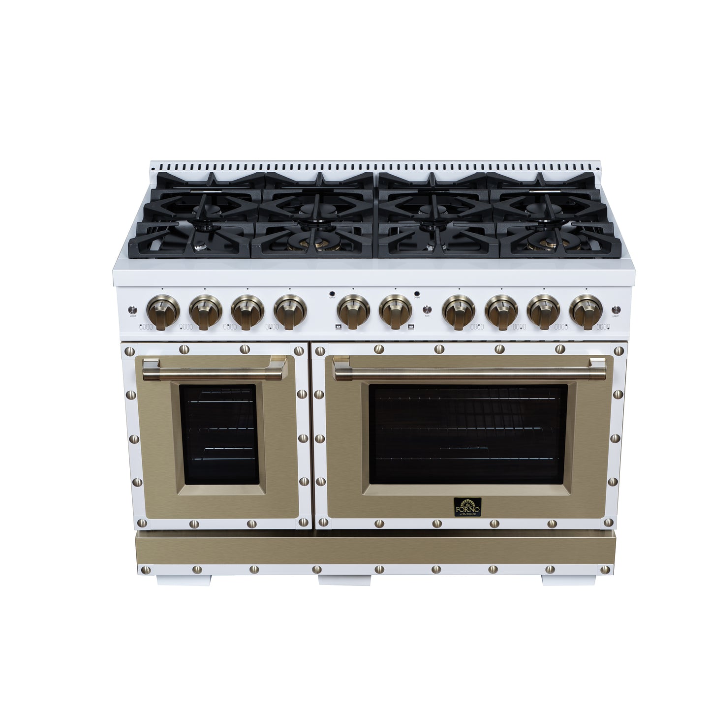 Valente 48" Gas Range in White, 8 Sealed Burnes, 94 000 BTU Cooktop Output, 6.7 Cu.Ft. Double Oven, Telescopic Racks - Forno Appliances