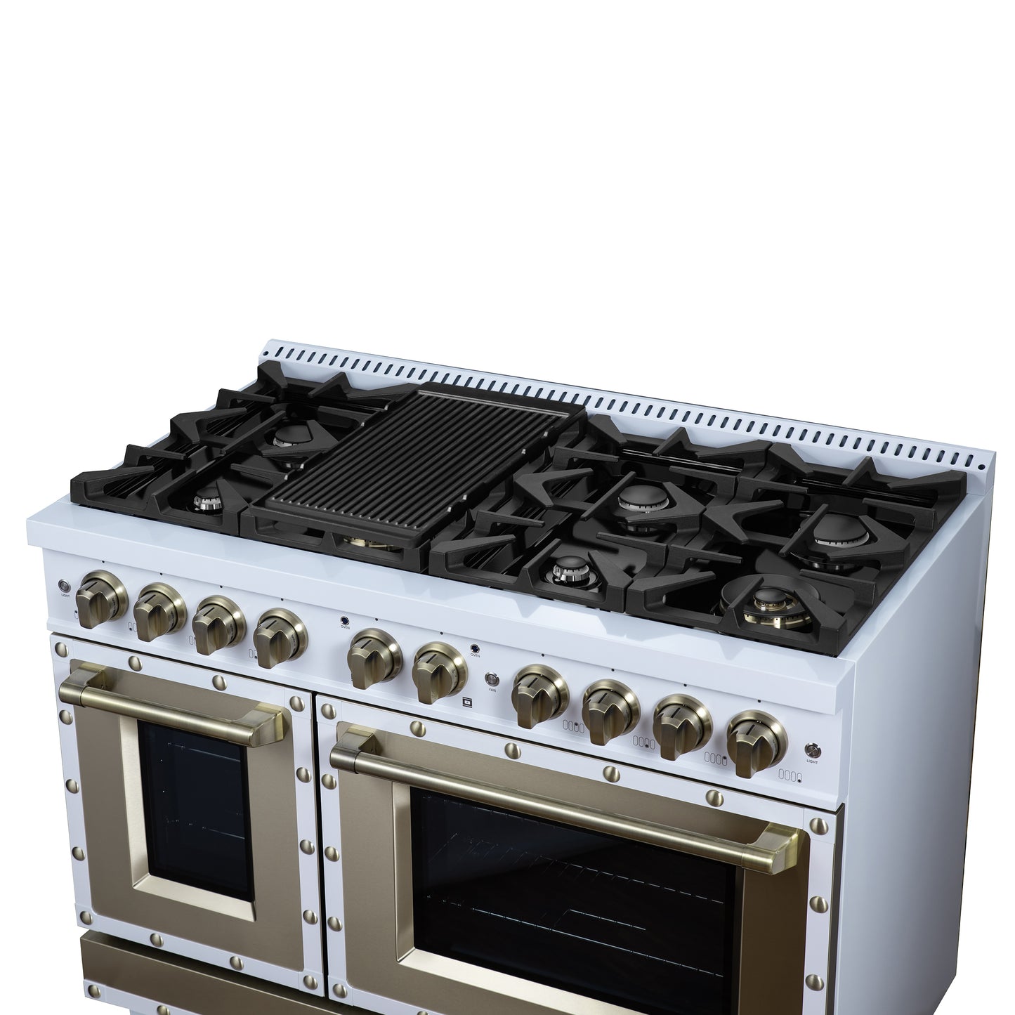 Valente 48" Gas Range in White, 8 Sealed Burnes, 94 000 BTU Cooktop Output, 6.7 Cu.Ft. Double Oven, Telescopic Racks - Forno Appliances