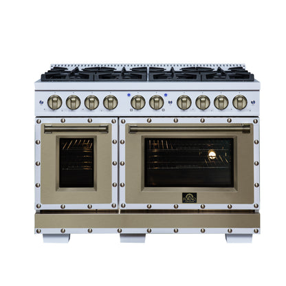 Valente 48" Gas Range in White, 8 Sealed Burnes, 94 000 BTU Cooktop Output, 6.7 Cu.Ft. Double Oven, Telescopic Racks - Forno Appliances