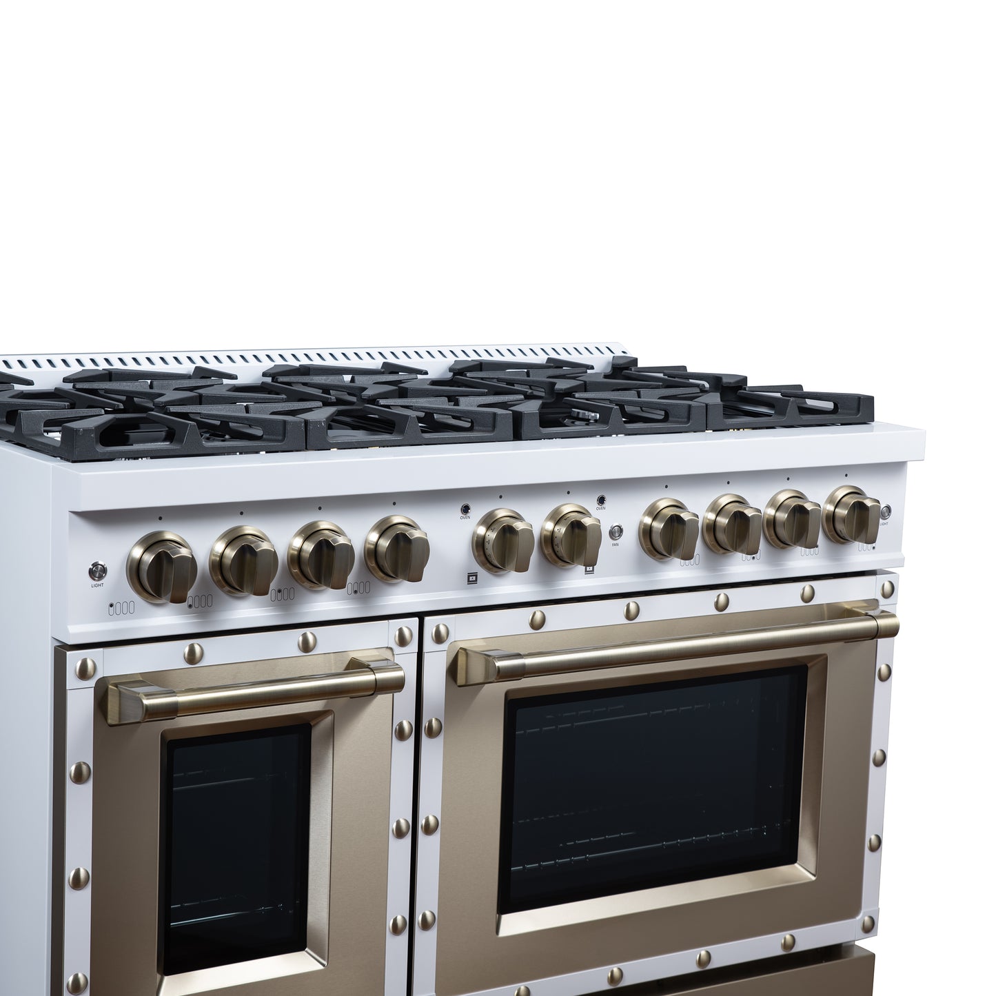 Valente 48" Gas Range in White, 8 Sealed Burnes, 94 000 BTU Cooktop Output, 6.7 Cu.Ft. Double Oven, Telescopic Racks - Forno Appliances
