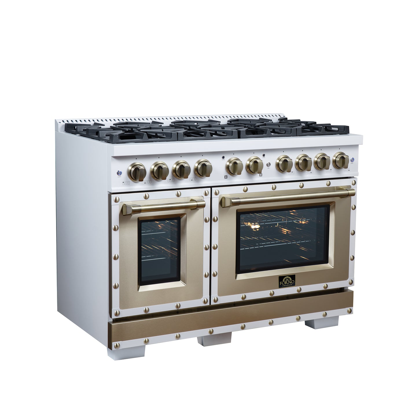 Valente 48" Gas Range in White, 8 Sealed Burnes, 94 000 BTU Cooktop Output, 6.7 Cu.Ft. Double Oven, Telescopic Racks - Forno Appliances