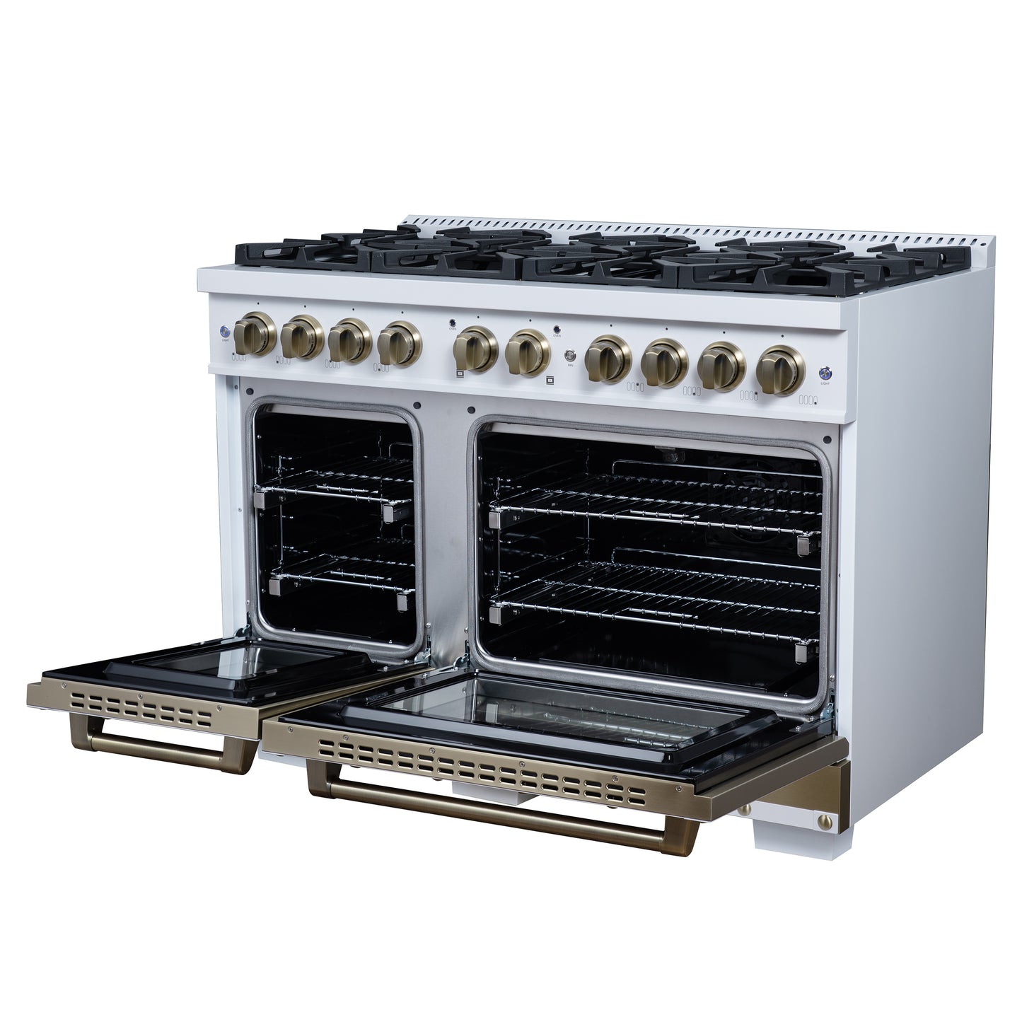 Valente 48" Gas Range in White, 8 Sealed Burnes, 94 000 BTU Cooktop Output, 6.7 Cu.Ft. Double Oven, Telescopic Racks - Forno Appliances
