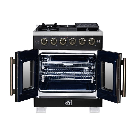 Forno Capriasca 30-Inch Freestanding French Door Gas Range, 4 Burners, Convection Oven, Energy Efficient - Forno Appliances