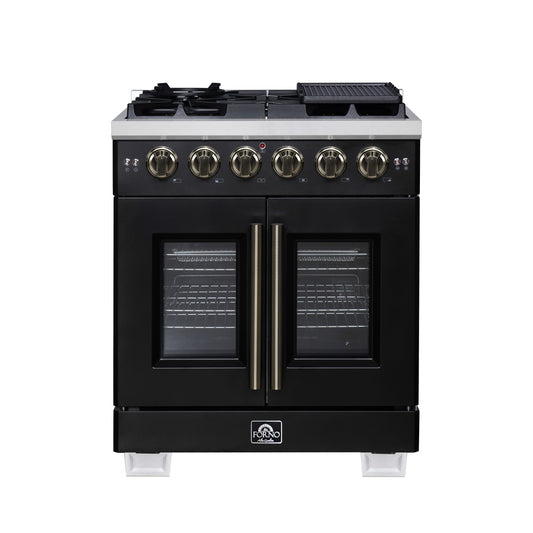 Forno Capriasca 30-Inch Freestanding French Door Gas Range, 4 Burners, Convection Oven, Energy Efficient - Forno Appliances