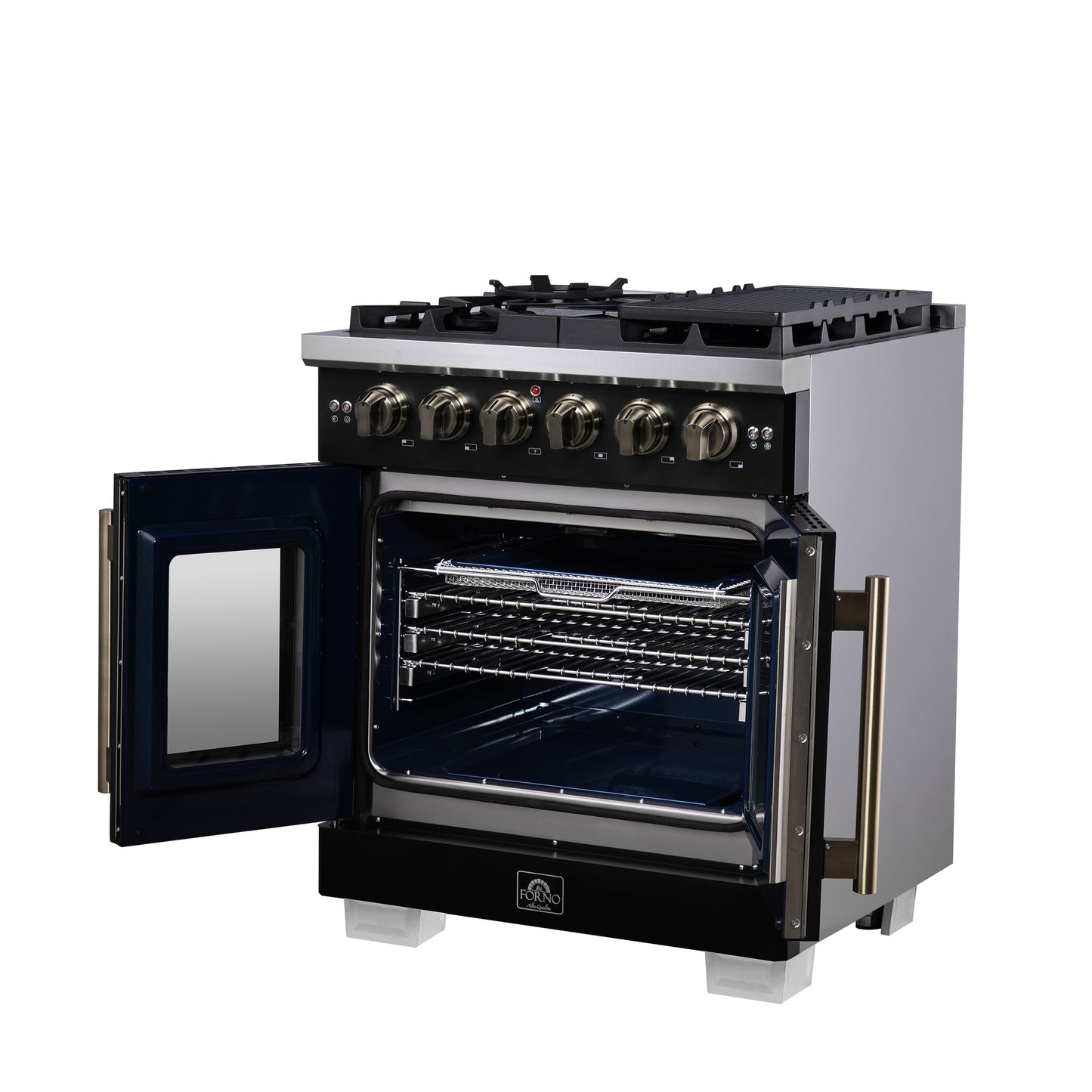 Forno Capriasca 30-Inch Freestanding French Door Gas Range, 4 Burners, Convection Oven, Energy Efficient - Forno Appliances