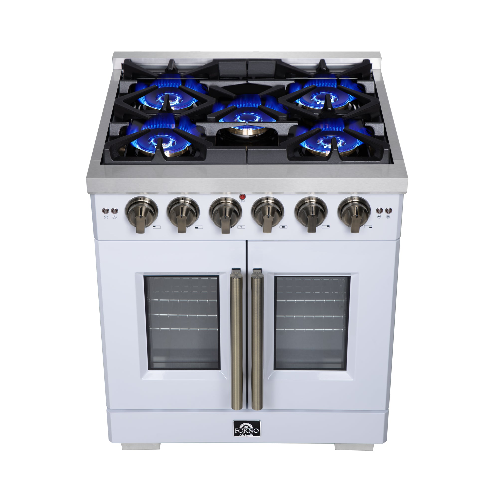 Forno Capriasca 30-Inch White Freestanding French Door Gas Range, 4 Burners, Convection Oven, Energy Efficient - Forno Appliances
