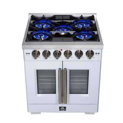 Forno Capriasca 30-Inch White Freestanding French Door Gas Range, 4 Burners, Convection Oven, Energy Efficient - Forno Appliances