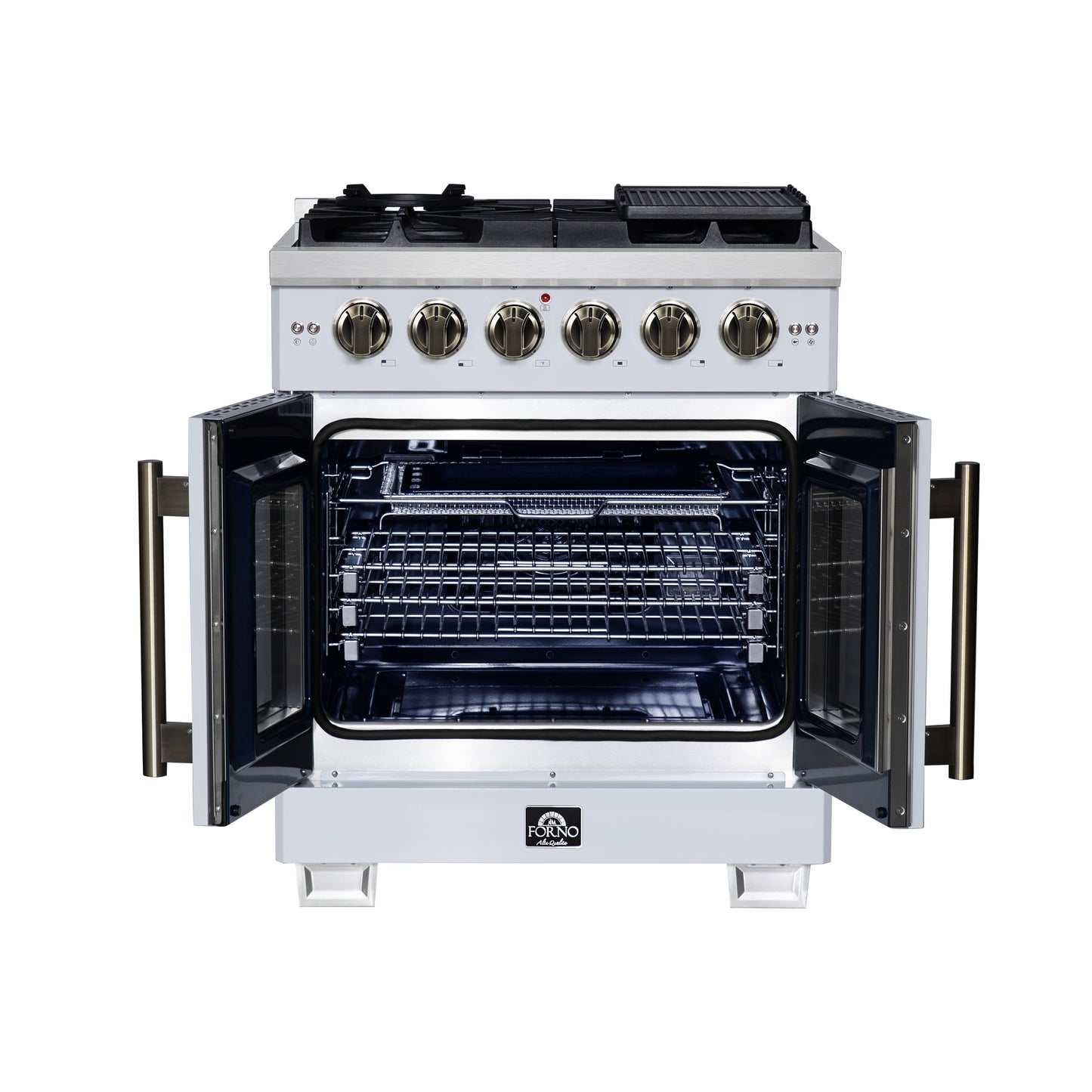 Forno Capriasca 30-Inch White Freestanding French Door Gas Range, 4 Burners, Convection Oven, Energy Efficient - Forno Appliances
