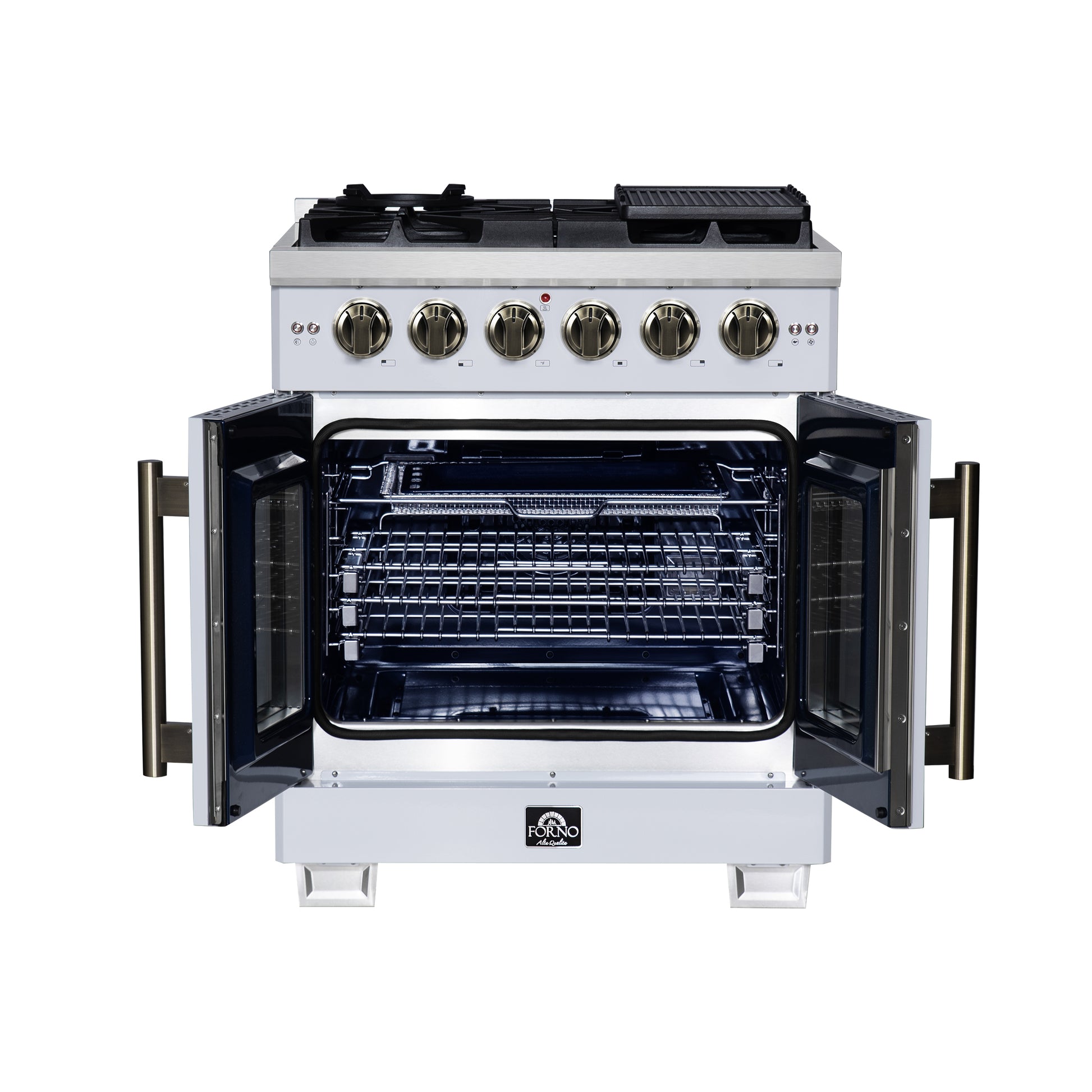 Forno Capriasca 30-Inch White Freestanding French Door Gas Range, 4 Burners, Convection Oven, Energy Efficient - Forno Appliances