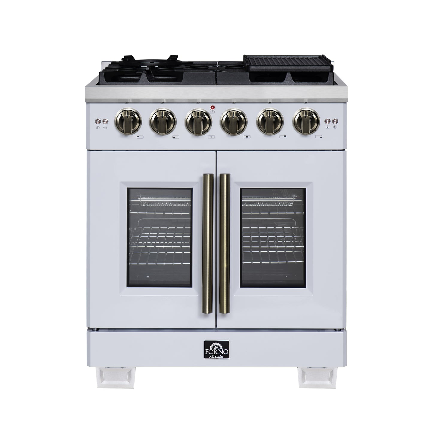 Forno Capriasca 30-Inch White Freestanding French Door Gas Range, 4 Burners, Convection Oven, Energy Efficient - Forno Appliances