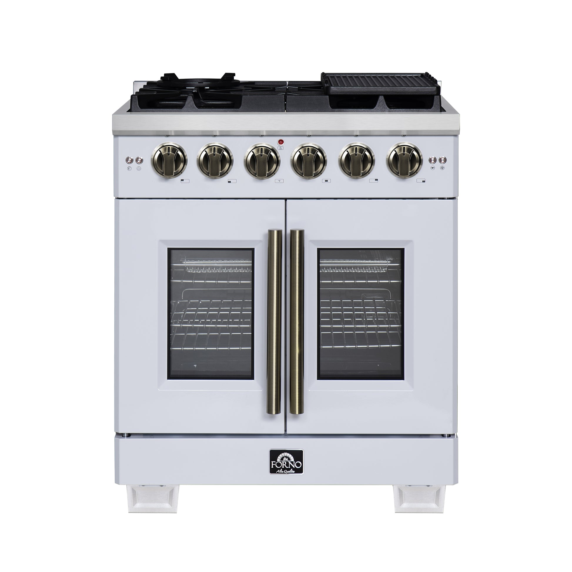 Forno Capriasca 30-Inch White Freestanding French Door Gas Range, 4 Burners, Convection Oven, Energy Efficient - Forno Appliances