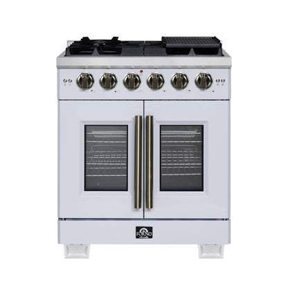 Forno Capriasca 30-Inch White Freestanding French Door Gas Range, 4 Burners, Convection Oven, Energy Efficient - Forno Appliances