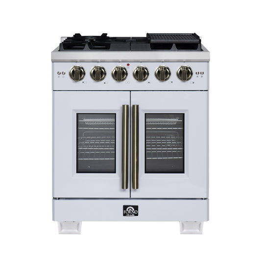 Forno Capriasca 30-Inch White Freestanding French Door Gas Range, 4 Burners, Convection Oven, Energy Efficient - Forno Appliances