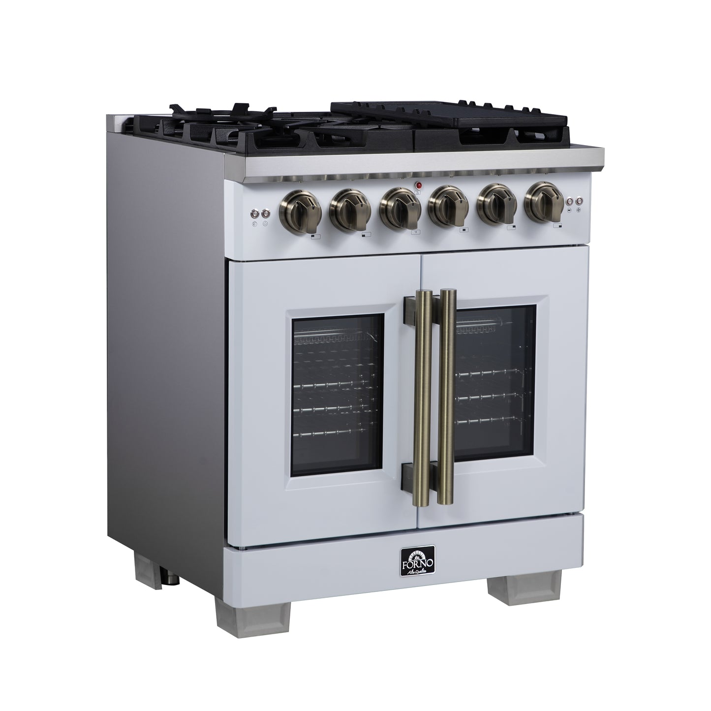 Forno Capriasca 30-Inch White Freestanding French Door Gas Range, 4 Burners, Convection Oven, Energy Efficient - Forno Appliances