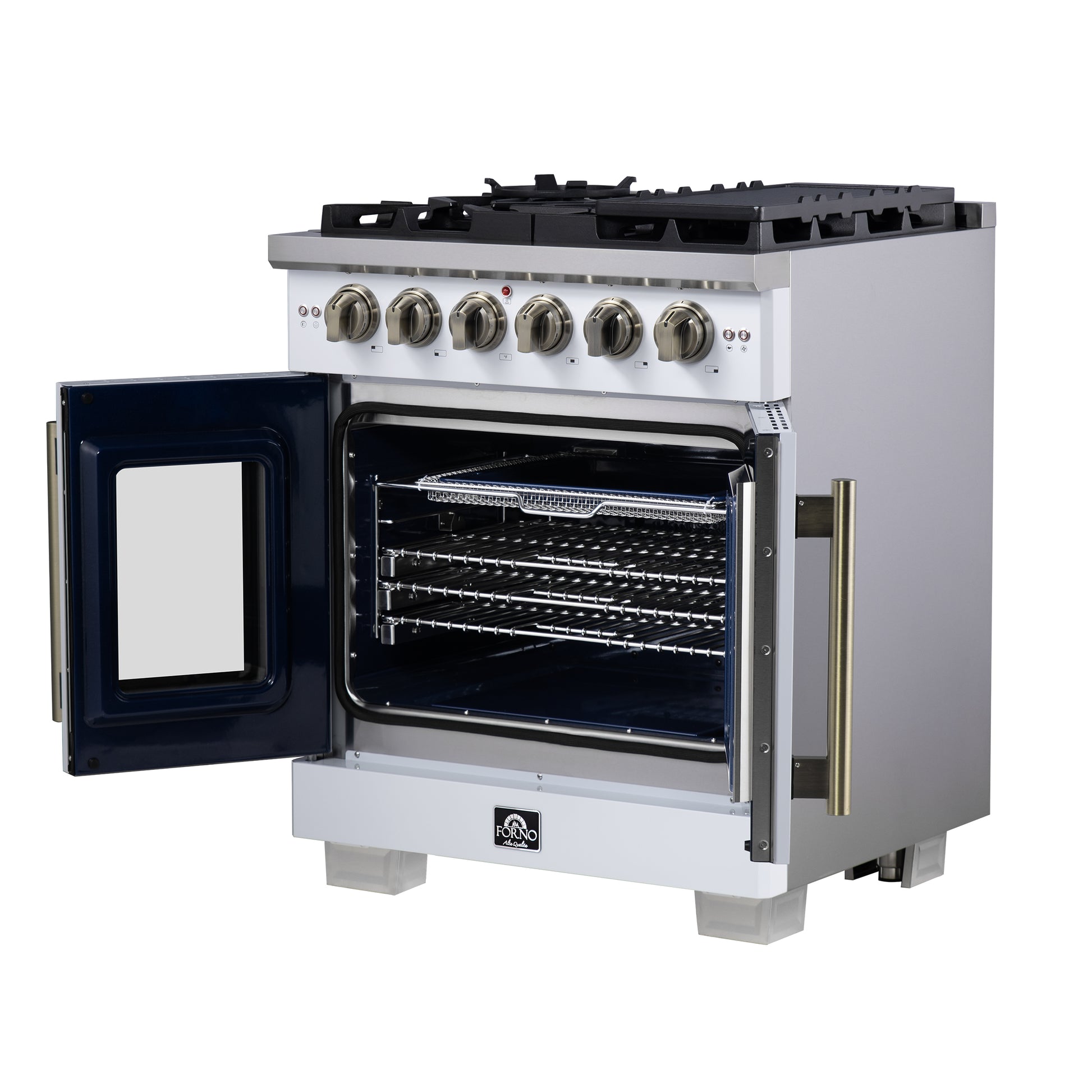 Forno Capriasca 30-Inch White Freestanding French Door Gas Range, 4 Burners, Convection Oven, Energy Efficient - Forno Appliances