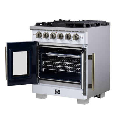 Forno Capriasca 30-Inch White Freestanding French Door Gas Range, 4 Burners, Convection Oven, Energy Efficient - Forno Appliances